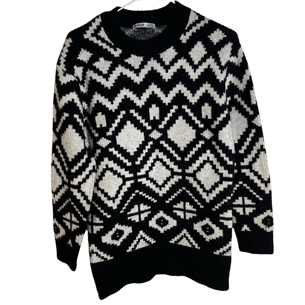 Womens Crewneck Sweater XS Geometric Diamond Black White Knit Oversized Retro 70